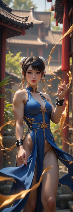 A fantasy scene unfolds. An exquisite rendering of Chun-Li, her finely detailed facial features and striking beauty captured perfectly. She is wearing a gorgeous, sensual outfit and wields nunchaku with elegance, dancing gracefully as golden magic effects surround her. The setting is an Oriental courtyard filled with rich, traditional elements, with soft light creating a classical atmosphere. Shot with a cinematic wide-angle lens, the image is highly detailed and dreamlike, evoking a mystical mood. Enhanced all, Fantasy detailers,chunli,blue chinese dress, pantyhose, pelvic curtain,sleeveless, tight leggings,spiked bracelet