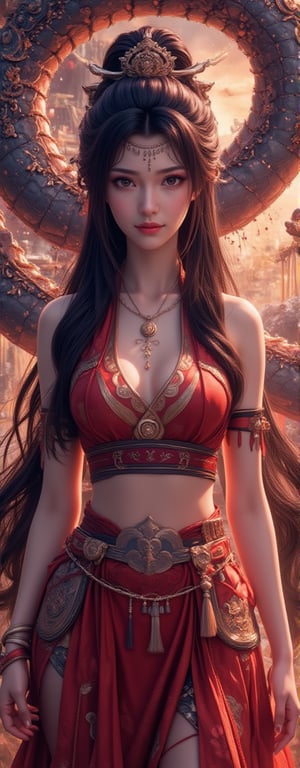 Best quality, masterpiece, ultra high res, (photorealistic:1.5), raw photo, (Masterpiece, Top Quality, Best Quality, Official Art, Beauty and Aesthetics: 1.2), 1girl, long black hair, Medusa wears a sleeveless, In a vibrant, ultra-realistic depiction, Diao Chan stands confidently in her Three Kingdoms dress-up attire, her bright smile radiating joy as she gazes directly at the viewer. Her striking features are set against a warm, HDR-lit backdrop, emphasizing her porcelain-like complexion and luscious locks. Framed from head to toe, her elegant figure is showcased in stunning detail, inviting the viewer to step into the captivating scene.,Eroflo,meidusha, KOLNB,forehead mark, high contrast, (grayscale:-1.5),云韵Flux-起风了,purple hair