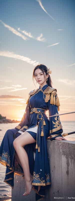 1girl, solo, long hair, looking at viewer, smile, black hair, hair ornament, thighhighs, dress, holding, jewelry, sitting, ponytail, weapon, earrings, outdoors, sky, day, sword, cloud, water, holding weapon, armor, blue sky, beach

The image features a digitally rendered character resembling an East Asian warrior, seated on a beach. The character has long dark hair, a poised expression, and is adorned with traditional armor that includes gold and blue hues with intricate designs. The armor is complemented by a blue robe that drapes elegantly around the figure. In one hand, the character holds a staff, suggesting a status of nobility or combat readiness. The background depicts a bustling beach scene with people in casual attire, indicating a contemporary setting. The presence of a temple-like structure hints at cultural significance.
 (1girl :1.4), (RAW Photo, Best Quality), (Real, Photo Real: 1.1), Best Quality, Masterpiece, Beauty and Aesthetics, 16K, (HDR: 1.2), High Contrast, (Vivid Colors: 1.3) , (soft colors, dull colors, soothing tones: 1.2), cinematic lighting, ambient light, side lighting, fine details and textures, cinematic lenses, warm colors, (bright and intense: 1.1), wide angle lenses, surreal illustrations, Siena's natural proportions, silver hair, dynamic posture, precise anatomy of body and hands, four fingers and a thumb