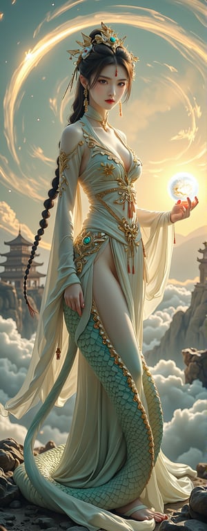 Best quality, masterpiece, ultra high res, (photorealistic:1.5), raw photo, (Masterpiece, Top Quality, Best Quality, Official Art, Beauty and Aesthetics: 1.2), A majestic depiction of Nüwa, the ancient Chinese goddess with a human head and a snake's body. Her upper body features elegant, flowing robes adorned with intricate golden embroidery, and (her snake tail begins gracefully from her waist:1.5), shimmering with iridescent scales in shades of emerald and sapphire. She is surrounded by a celestial landscape of swirling clouds, glowing with a soft golden light, holding a glowing orb that symbolizes life and creation. In the background, ancient temples rise above a misty horizon, symbolizing her divine connection to the heavens,forehead mark, high contrast, (grayscale:-1.5)