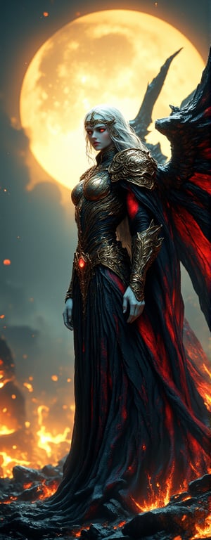 Best quality, masterpiece, ultra high res, (photorealistic:1.5), raw photo, (Masterpiece, Top Quality, Best Quality, Official Art, Beauty and Aesthetics: 1.2), An ethereal warrior goddess stands tall beneath a radiant, glowing moon, her form adorned with intricate black and gold armor that hugs her silhouette. The armor is embellished with gemstones that shimmer like captured starlight, and vivid red accents that emphasize her commanding presence. Large, elegant black wings stretch out from her back, adding a divine aura to her appearance. Her serene expression contrasts with the strength exuded by her celestial armor, as she gazes calmly toward the horizon, bathed in the mystical glow of the moonlight. Her long, flowing hair catches the light, while her white gloves and ornate accessories showcase her regal yet fierce nature.