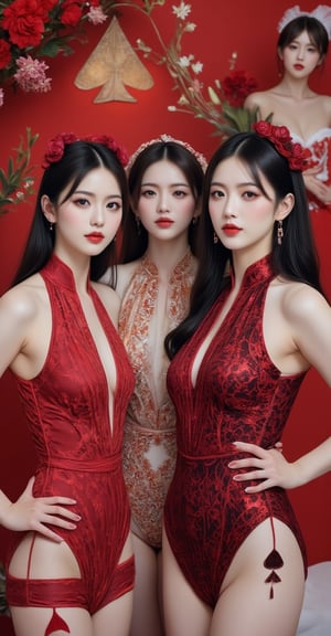 Best quality, masterpiece, ultra high res, (photorealistic:1.5), raw photo, (Masterpiece, Top Quality, Best Quality, Official Art, Beauty and Aesthetics: 1.2), In this image, four Korean idols are decked out as playing cards, with two dressed as the Ace of Spades and two as the Ace of Hearts. The contrast between the black spade costumes and the red heart costumes brings energy to the scene. The group looks like they are ready to step out of a giant card deck and into a fun event, with their matching headpieces giving the appearance of walking card icons. Eroflo,FuturEvoLabGirl,multiple women