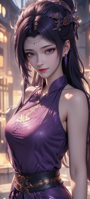 ATRFX, A cinematic frame captures a striking anime scene:  Best quality, masterpiece, ultra high res, raw photo, (Masterpiece, Top Quality, Best Quality, Official Art, Beauty and Aesthetics: 1.2), 1girl, long black hair, Medusa wears a sleeveless, In a vibrant, ultra-realistic depiction, Diao Chan stands confidently in her Three Kingdoms dress-up attire, her bright smile radiating joy as she gazes directly at the viewer. Her striking features are set against a warm, HDR-lit backdrop, emphasizing her porcelain-like complexion and luscious locks. Framed from head to toe, her elegant figure is showcased in stunning detail, inviting the viewer to step into the captivating scene.,Eroflo,meidusha, KOLNB,forehead mark, high contrast, (grayscale:-1.3),云韵Flux-起风了,purple hair