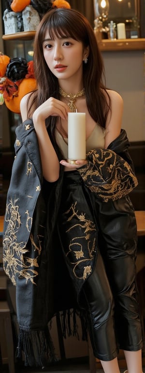 This high angle shot captures the confident pose of an Asian model. A fantasy scene unfolds. A masterpiece of a photograph showcases a stunning 24-year-old Asian woman. Her medium brown hair falls in loose waves down her back as she stands confidently by a modern café, wearing a satin camisole tucked into wide-legged high-waisted pants adorned with intricate Halloween-themed accessories. The delicate lighting casts subtle shadows on her heart-shaped face, emphasizing her double eyelids and glowing complexion. Her hands cradle an enigmatic candle as she strikes a pose, surrounded by the mystical ambiance of pumpkins, tombstones, and ravens. A minimalist gold jewelry set complements her elegant strappy heels, while her light makeup enhances her natural beauty. The sharply focused image radiates the effortless allure of modern Korean street fashion, as if plucked straight from a K-pop music video.