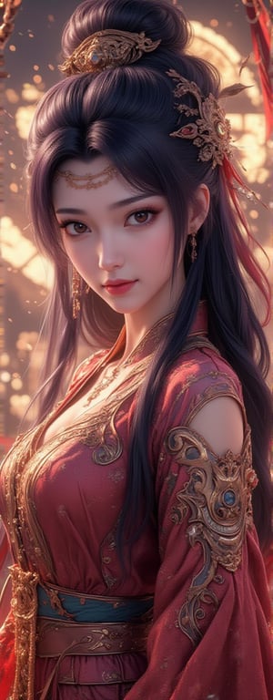 Best quality, masterpiece, ultra high res, (photorealistic:1.5), raw photo, (Masterpiece, Top Quality, Best Quality, Official Art, Beauty and Aesthetics: 1.2), 1girl, long black hair, Medusa wears a sleeveless, In a vibrant, ultra-realistic depiction, Diao Chan stands confidently in her Three Kingdoms dress-up attire, her bright smile radiating joy as she gazes directly at the viewer. Her striking features are set against a warm, HDR-lit backdrop, emphasizing her porcelain-like complexion and luscious locks. Framed from head to toe, her elegant figure is showcased in stunning detail, inviting the viewer to step into the captivating scene.,Eroflo,meidusha, KOLNB,forehead mark, high contrast, (grayscale:-1.5),云韵Flux-起风了,purple hair