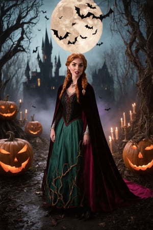 Super detailed, super realistic, anatomically correct, Princess Anna from Frozen, dressed in her classic attire, now transformed with a vampire Halloween theme. Her green skirt is now deep crimson, patterned with dark thorny vines and subtle bat motifs. She wears a black velvet cloak with deep red lining, decorated with golden embroidery resembling gothic candelabras and vampire symbols. Her brooch is shaped like a vampire fang, glowing softly with a red hue. The scene is set on a foggy Halloween night during a vampire ball at the castle, bathed in crimson and purple lights. Anna stands near a forest of twisted, gnarled trees lined with flickering crimson candles, as black bats fly overhead. Olaf is dressed as a vampire jack-o’-lantern, his carved face illuminated from within, with sharp fangs and a red velvet cape. Small vampire pumpkin spirits with mischievous glowing red eyes float around the castle. The full moon enhances the eerie and gothic atmosphere, casting long shadows on the scene. Enhanced all, Fantasy detailers,hubgwomen