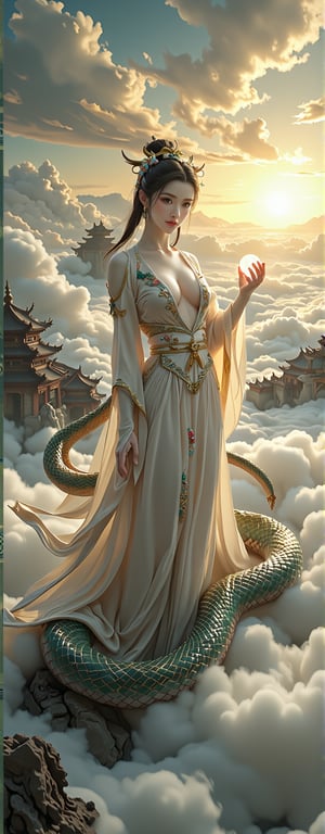 Best quality, masterpiece, ultra high res, (photorealistic:1.5), raw photo, (Masterpiece, Top Quality, Best Quality, Official Art, Beauty and Aesthetics: 1.2), A majestic depiction of Nüwa, the ancient Chinese goddess with a human head and a snake's body. Her upper body features elegant, flowing robes adorned with intricate golden embroidery, and ((her snake tail begins gracefully from her waist:1.5)), shimmering with iridescent scales in shades of emerald and sapphire. She is surrounded by a celestial landscape of swirling clouds, glowing with a soft golden light, holding a glowing orb that symbolizes life and creation. In the background, ancient temples rise above a misty horizon, symbolizing her divine connection to the heavens,forehead mark, high contrast, (grayscale:-1.5)