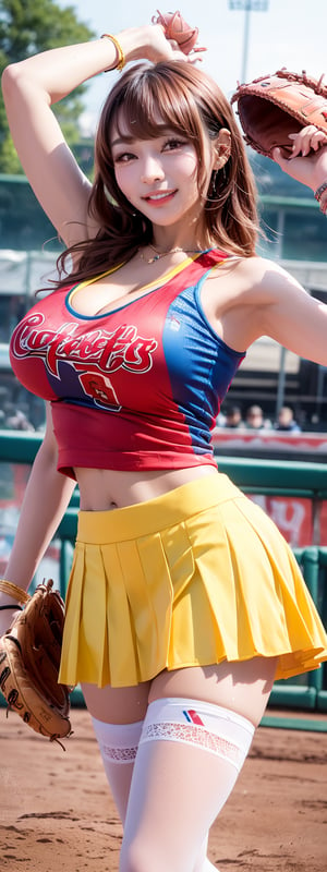 (Masterpiece, Top Quality, Best Quality, Official Art, Beauty and Aesthetics: 1.2), 1girl, solo, Korean idol girl, breasts, looking at viewer, blush, smile, bangs, huge breasts, thighhighs, navel, cleavage, chest cutout top, bare shoulders, brown hair, brown eyes, bracelet, sportswear, (baseball player baseball T-shirt), (yellow outfit), Japan baseball field, (cheerleaders in the field), (dancing cheering),(sweating), wet, (realistic:1.0), photorealistic, octane render,(hyperrealistic:0.7) ,Korean,idol,1 girl,(pleated skirt