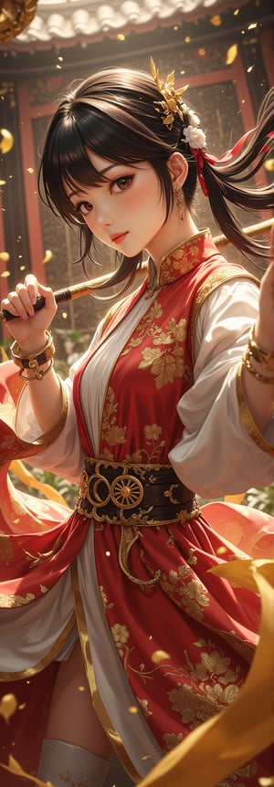 A stunning portrait of Chun-Li with exquisite facial features and a beautiful face, dressed in a luxurious, sensual outfit. She gracefully wields a pair of nunchaku, her pose elegant as she dances. Surrounding her are golden magical effects that shimmer, while the background showcases a courtyard filled with Oriental elements. The lighting is soft, imbuing the scene with a classical charm. The composition is highly detailed, with the shot taken from a wide-angle lens, creating a dreamlike, cinematic atmosphere. Enhanced all,Fantasy detailers,1girl,Manga Anime,beauty girl, bosstyle