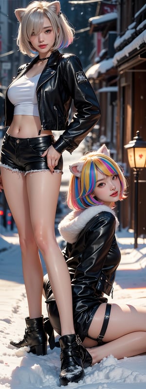 This Japanese women is a stunning representation of a princess, huge breasts, inspired by the Shishiro Botan. (((blue Leather jacket, Leather shorts, Inseam Delta, red ankle-length hair, cat ears. In a heavy snow street, Many colorful flying lamps, snow flakes))). She has a beautiful legs and smile on her face. Her hair is longer than before. colorful clothes, accessories, ((ccbotan, short hair, multicolored hair, streaked hair, animal ears, hairclip, hair over one eye)),(realistic:1.0), photorealistic, octane render,(hyperrealistic:0.7) ,Korean,idol,1 girl,beauty,girl,aabotan, (Masterpiece, Top Quality, Best Quality, Official Art, Beauty and Aesthetics: 1.2), HDR, high contrast, wide shot,Pirate, long hair,Botan