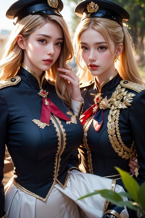 Midday sunlight casts a warm glow on the subject as she poses in a lush green meadow, a stunning Korean university student stands majestically as the Guard of Honour. Her blonde hair is neatly tied back, and she wears thigh-high boots that accentuate her perfect long feet. The uniform shirt features a band design, while her skirt folds neatly under her mini folding skirt. In one hand, she holds an instrument, and in the other, a flag flows gently in the breeze. Under the soft glow of perfect light, her beauty shines radiantly. The guard's hat sits atop her head, and the sword at her side gleams with photorealistic precision, as if crafted by Octane render itself. Her photorealistic features are so lifelike that one might mistake her for a living, breathing idol.