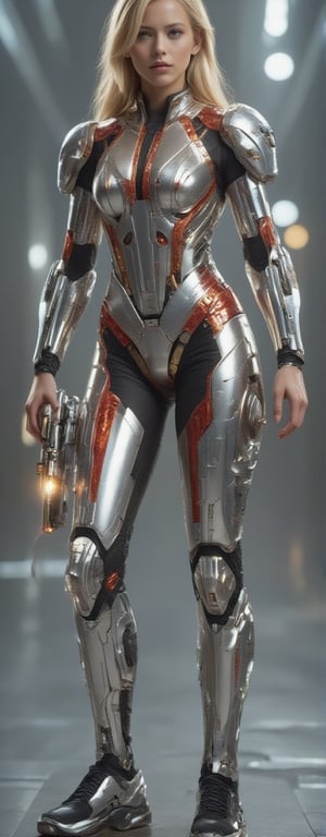 Best quality, masterpiece, ultra high res, (photorealistic:1.5), raw photo, (Masterpiece, Top Quality, Best Quality, Official Art, Beauty and Aesthetics: 1.2), A battle-hardened girl in a high-tech, sleek exosuit stands ready for action. Her blonde hair flows freely behind her, contrasting against the sharp design of her armor. In her right hand, she holds a powerful energy cannon, while her left wields a high-tech sword. Her exosuit, predominantly white with crimson and black detailing, showcases intricate mechanical joints that emphasize her enhanced strength and agility. Her stance exudes confidence, reflecting her readiness to engage in a futuristic battle. Eroflo,FuturEvoLabMecha