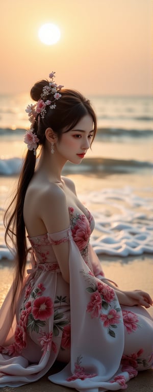 Best quality, masterpiece, ultra high res, (photorealistic:1.5), raw photo, (Masterpiece, Top Quality, Best Quality, Official Art, Beauty and Aesthetics: 1.2), A serene scene of a woman in traditional Chinese dress, sitting by the ocean with the sun setting behind her. Her dark hair, adorned with flowers and jewelry, cascades down as her flowing gown captures the gentle breeze. The waves softly crash behind her, adding to the peacefulness of the moment. The sky glows in shades of amber and gold, reflecting off her intricate, embroidered attire, as she gazes contemplatively at the horizon.,Eroflo,