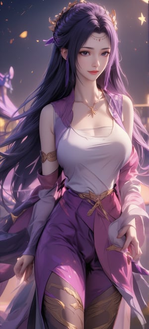 ATRFX, A cinematic frame captures a striking anime scene:  Best quality, masterpiece, ultra high res, raw photo, (Masterpiece, Top Quality, Best Quality, Official Art, Beauty and Aesthetics: 1.2), 1girl, long black hair, Medusa wears a sleeveless, In a vibrant, ultra-realistic depiction, Diao Chan stands confidently in her Three Kingdoms dress-up attire, her bright smile radiating joy as she gazes directly at the viewer. Her striking features are set against a warm, HDR-lit backdrop, emphasizing her porcelain-like complexion and luscious locks. Framed from head to toe, her elegant figure is showcased in stunning detail, inviting the viewer to step into the captivating scene.,Eroflo,meidusha, KOLNB,forehead mark, high contrast, (grayscale:-1.3),云韵Flux-起风了,purple hair