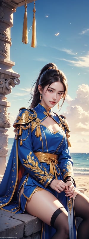 1girl, solo, long hair, looking at viewer, smile, black hair, hair ornament, thighhighs, dress, holding, jewelry, sitting, ponytail, weapon, earrings, outdoors, sky, day, sword, cloud, water, holding weapon, armor, blue sky, beach,

The image features a digitally rendered character resembling an East Asian warrior, seated on a beach. The character has long dark hair, a poised expression, and is adorned with traditional armor that includes gold and blue hues with intricate designs. The armor is complemented by a blue robe that drapes elegantly around the figure. In one hand, the character holds a staff, suggesting a status of nobility or combat readiness. The background depicts a bustling beach scene with people in casual attire, indicating a contemporary setting.

 (1girl :1.4), (RAW Photo, Best Quality), (Real, Photo Real: 1.1), Best Quality, Masterpiece, Beauty and Aesthetics, 16K, (HDR: 1.2), High Contrast, (Vivid Colors: 1.3) , (soft colors, dull colors, soothing tones: 1.2), cinematic lighting, ambient light, side lighting, fine details and textures, cinematic lenses, warm colors, (bright and intense: 1.1), wide angle lenses, surreal illustrations, Siena's natural proportions, silver hair, dynamic posture, precise anatomy of body and hands, four fingers and a thumb