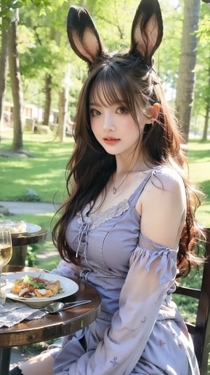 A vivid and fantastical "Alice in Wonderland" scene where a beautiful and mature Alice dines with the refined Rabbit Earl at a table in the forest. The scene is filled with cinematic fantasy elements, bursting with color, resembling a dream. Alice's outfit features a slightly open neckline and lace-up stockings that enhance her charm. Sunlight filters through the leaves, lighting up the table full of a variety of exquisite dishes, making the scene incredibly enchanting. Score: 9/10 for artistic mastery.