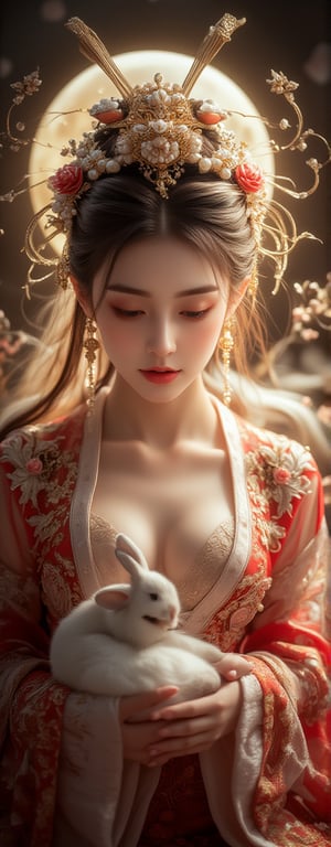 Best quality, masterpiece, ultra high res, (photorealistic:1.5), raw photo, (Masterpiece, Top Quality, Best Quality, Official Art, Beauty and Aesthetics: 1.2), A graceful young woman dressed in an ornate Chinese royal gown, rich with intricate red and gold embroidery, gently cradles a pure white rabbit in her lap. Her delicate features are framed by an exquisite headdress of pearls and golden ornaments, while her serene expression reflects the soft glow of the full moon shining behind her. Golden light tendrils swirl around, adding a mystical atmosphere to the scene, as if she is a celestial being descended from the heavens. The rabbit, nestled comfortably in her hands, exudes a sense of purity and calm, perfectly complementing the woman’s elegance and the enchanting ambiance of the night, high contrast, (grayscale:-1.5),