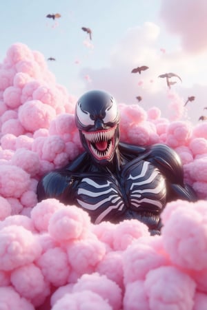 A surreal fantasy depiction of Venom, with a glossy black body, lying comfortably on a bed of pink cotton candy clouds. The clouds are fluffy and soft, floating in a dreamy sky with pastel hues. Venom has a calm and relaxed expression, blending unexpectedly with the gentle, whimsical atmosphere.,VENOM,Reality,HALLOWEEN,HALLOWEEN 2024