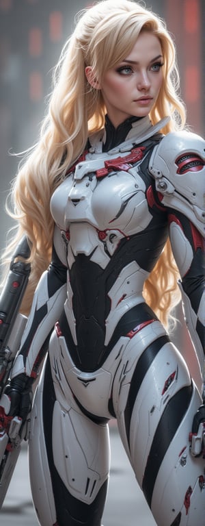 Best quality, masterpiece, ultra high res, (photorealistic:1.4), raw photo, (Masterpiece, Top Quality, Best Quality, Official Art, Beauty and Aesthetics: 1.2), Clad in a high-tech armored suit, a blonde-haired maiden readies herself for an imminent battle. Her advanced exosuit, designed for both offense and defense, features sleek white plates with red accents and mechanical enhancements that boost her physical abilities. A massive cannon rests on her right arm, while her left hand grips a blade designed for close combat. With a composed expression, she stands in a pose of controlled power, embodying the perfect mix of grace and strength.