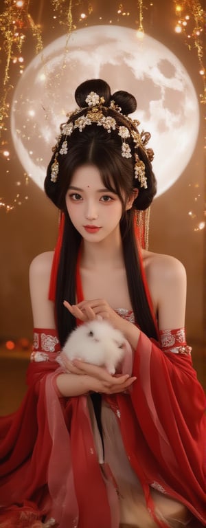 Best quality, masterpiece, ultra high res, (photorealistic:1.5), raw photo, (Masterpiece, Top Quality, Best Quality, Official Art, Beauty and Aesthetics: 1.2), A graceful young woman wearing a traditional Chinese *dudou*, richly embroidered in red and gold with delicate floral patterns, sits gracefully at the center of the frame. She gazes directly into the camera with a calm, almost divine expression, holding a pure white rabbit gently in her hands. The *dudou*'s shimmering fabric accentuates her elegance, while translucent silk ribbons float weightlessly around her, adding a touch of softness and grace. The shot captures her from head to thigh, framed by the soft glow of a full moon behind her. Golden tendrils of light dance around her, amplifying the sense of her celestial, goddess-like aura. The floating silk and the peaceful rabbit she holds give the scene a mystical, ethereal feel.