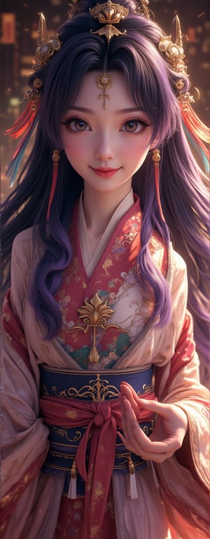 Best quality, masterpiece, ultra high res, (photorealistic:1.5), raw photo, (Masterpiece, Top Quality, Best Quality, Official Art, Beauty and Aesthetics: 1.2), 1girl, long black hair, Medusa wears a sleeveless, In a vibrant, ultra-realistic depiction, Diao Chan stands confidently in her Three Kingdoms dress-up attire, her bright smile radiating joy as she gazes directly at the viewer. Her striking features are set against a warm, HDR-lit backdrop, emphasizing her porcelain-like complexion and luscious locks. Framed from head to toe, her elegant figure is showcased in stunning detail, inviting the viewer to step into the captivating scene.,Eroflo,meidusha, KOLNB,forehead mark, high contrast, (grayscale:-1.5),云韵Flux-起风了,purple hair