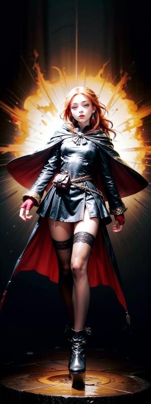 1girl, solo, long hair, brown eyes, jewelry, closed mouth, earrings, gloves, holding, full body, ponytail, (red hair:1.5), fingerless gloves, yellow Sleeve rope, thighhighs, gloves, boots, hood, (cape), (high heels), (spelling fire),raising a stick with a magic jewel on the top, (original picture, best quality), (real, Photo Real: 1.1), Best Quality, Masterpiece, Beauty & Aesthetics, 16K, (HDR: 1.2), High Contrast, (Vivid Colors: 1.3), (Soft Colors, Dull Colors, Soothing Tone: 0) , Cinema Lighting, Ambient Light, Side Light, Fine Details and Textures, Cinematic Lens, Warm Colors, (Bright and Intense: 1.1), Wide Angle Lens, xm887, Surrealist Illustration, Siena's Natural Proportions, Silver Hair, Dynamic Posture, precise body and hand anatomy, four fingers and a thumb,fodress,solo,1 girl