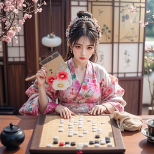 A well-dressed woman stands beside a super car, Best quality, masterpiece, ultra high res, (photorealistic:1.5), raw photo, (Masterpiece, Top Quality, Best Quality, Official Art, Beauty and Aesthetics: 1.2), A serene scene featuring a young woman in a vibrant pink and white floral-patterned kimono, seated at a traditional Go board. The Go board, marked with a precise 19x19 grid, is scattered with white and black Go stones in the midst of a tense match. Her delicate hands are in the process of positioning a smooth white stone, while she holds an ornate fan with kanji symbols in her other hand. A classic tea set rests nearby, hinting at a peaceful tea ceremony, as soft, diffused sunlight filters through the room. The peaceful setting contrasts with the quiet intensity of the ongoing Go game, evoking a sense of strategy and reflection.,Eroflo