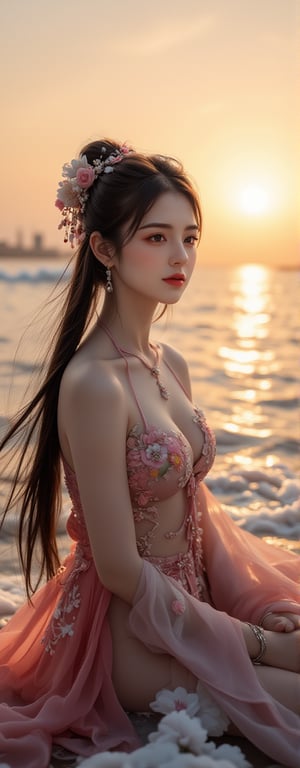 Best quality, masterpiece, ultra high res, (photorealistic:1.5), raw photo, (Masterpiece, Top Quality, Best Quality, Official Art, Beauty and Aesthetics: 1.2), A serene scene of a woman in traditional Chinese dress, sitting by the ocean with the sun setting behind her. Her dark hair, adorned with flowers and jewelry, cascades down as her flowing gown captures the gentle breeze. The waves softly crash behind her, adding to the peacefulness of the moment. The sky glows in shades of amber and gold, reflecting off her intricate, embroidered attire, as she gazes contemplatively at the horizon.,Eroflo,