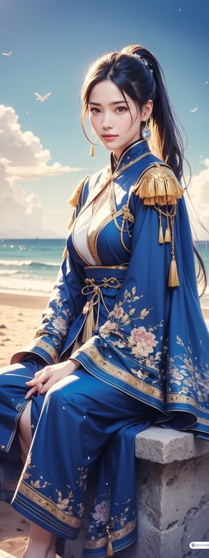 1girl, solo, long hair, looking at viewer, smile, black hair, hair ornament, thighhighs, dress, holding, jewelry, sitting, ponytail, weapon, earrings, outdoors, sky, day, sword, cloud, water, holding weapon, armor, blue sky, beach

The image features a digitally rendered character resembling an East Asian warrior, seated on a beach. The character has long dark hair, a poised expression, and is adorned with traditional armor that includes gold and blue hues with intricate designs. The armor is complemented by a blue robe that drapes elegantly around the figure. In one hand, the character holds a staff, suggesting a status of nobility or combat readiness. The background depicts a bustling beach scene with people in casual attire, indicating a contemporary setting. The presence of a temple-like structure hints at cultural significance.
 (1girl :1.4), (RAW Photo, Best Quality), (Real, Photo Real: 1.1), Best Quality, Masterpiece, Beauty and Aesthetics, 16K, (HDR: 1.2), High Contrast, (Vivid Colors: 1.3) , (soft colors, dull colors, soothing tones: 1.2), cinematic lighting, ambient light, side lighting, fine details and textures, cinematic lenses, warm colors, (bright and intense: 1.1), wide angle lenses, surreal illustrations, Siena's natural proportions, silver hair, dynamic posture, precise anatomy of body and hands, four fingers and a thumb