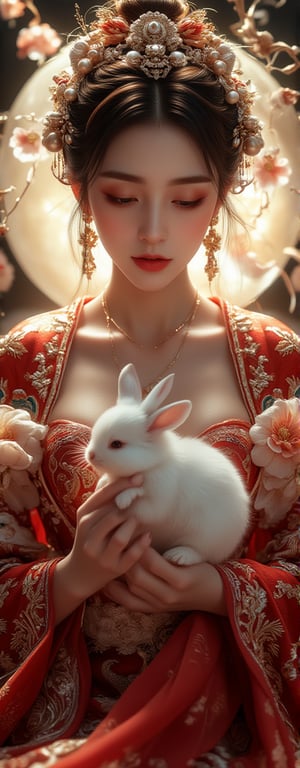 Best quality, masterpiece, ultra high res, (photorealistic:1.5), raw photo, (Masterpiece, Top Quality, Best Quality, Official Art, Beauty and Aesthetics: 1.2), A graceful young woman dressed in an ornate Chinese royal gown, rich with intricate red and gold embroidery, gently cradles a pure white rabbit in her lap. Her delicate features are framed by an exquisite headdress of pearls and golden ornaments, while her serene expression reflects the soft glow of the full moon shining behind her. Golden light tendrils swirl around, adding a mystical atmosphere to the scene, as if she is a celestial being descended from the heavens. The rabbit, nestled comfortably in her hands, exudes a sense of purity and calm, perfectly complementing the woman’s elegance and the enchanting ambiance of the night, high contrast, (grayscale:-1.5),