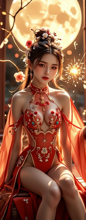 Best quality, masterpiece, ultra high res, (photorealistic:1.5), raw photo, (Masterpiece, Top Quality, Best Quality, Official Art, Beauty and Aesthetics: 1.2), A graceful young woman is adorned in a striking Chinese *qipao*—a short-sleeved, high-slit dress—embroidered with delicate red and gold floral motifs. The high slit elegantly reveals her legs as she sits gracefully at the center of the frame. Her gaze is directed calmly toward the camera, exuding both confidence and serenity. In one hand, she delicately holds a lit sparkler, its golden sparks cascading like stardust. The shot captures her from head to thigh, framed by translucent silk ribbons that float around her in the air. Behind her, a glowing full moon adds a celestial backdrop, while tendrils of golden light and sparkler flames dance around her, imbuing the scene with a mystical, magical aura. The sparkler, combined with the luxurious *qipao*, gives the image a harmonious blend of traditional elegance and playful whimsy.