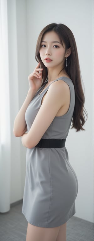 Frame: A medium shot of a stunning Asian woman standing solo in front of a crisp white wall, with a soft gray carpet beneath. Lighting: Soft natural light illuminates her features from a nearby window, adding warmth to her complexion. Composition: The sleek bob and silver earrings draw attention to her face, while the raised hand adds a touch of playfulness. Subject: A gray sleeveless dress accentuates her toned physique, cinched by a black belt at the waist. Pose: Her pursed lips and focused gaze convey confidence, as if she's ready to take on the world.