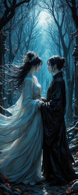 American comic book style digital illustration, close-up of a surreal art nouveau-inspired scene, close-up a japanese beauty, A captivating night scene featuring Nie Xiaoqian, a beautiful Chinese ghost with flowing dark hair, standing beside a European vampiress. Both are dressed in ethereal, ancient gowns, Nie Xiaoqian in traditional Han Chinese robes and the vampiress in a Gothic medieval dress. The backdrop is a haunting medieval European forest, illuminated by the moonlight filtering through the trees. The atmosphere is mysterious yet enchanting, blending the spectral allure of Chinese folklore with European Gothic fantasy. Enhanced all,Fantasy detailers,1girl,Manga Anime,beauty girl,(Incredibly intricate),Kawashima,Midjourney_Whisper