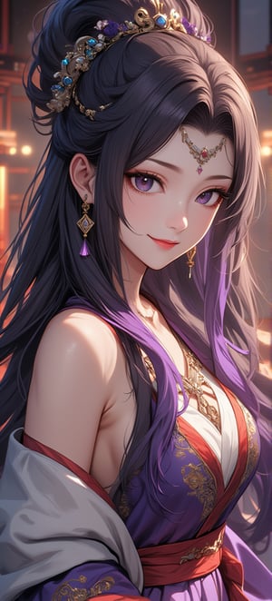 ATRFX, A cinematic frame captures a striking anime scene:  Best quality, masterpiece, ultra high res, raw photo, (Masterpiece, Top Quality, Best Quality, Official Art, Beauty and Aesthetics: 1.2), 1girl, long black hair, Medusa wears a sleeveless, In a vibrant, ultra-realistic depiction, Diao Chan stands confidently in her Three Kingdoms dress-up attire, her bright smile radiating joy as she gazes directly at the viewer. Her striking features are set against a warm, HDR-lit backdrop, emphasizing her porcelain-like complexion and luscious locks. Framed from head to toe, her elegant figure is showcased in stunning detail, inviting the viewer to step into the captivating scene.,Eroflo,meidusha, KOLNB,forehead mark, high contrast, (grayscale:-1.3),云韵Flux-起风了,purple hair