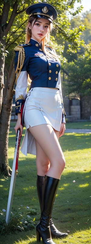 Midday sunlight casts a warm glow on the subject as she poses in a lush green meadow, a stunning Korean university student stands majestically as the Guard of Honour. Her blonde hair is neatly tied back, and she wears thigh-high boots that accentuate her perfect long feet. The uniform shirt features a band design, while her skirt folds neatly under her mini folding skirt. In one hand, she holds an instrument, and in the other, a flag flows gently in the breeze. Under the soft glow of perfect light, her beauty shines radiantly. The guard's hat sits atop her head, and the sword at her side gleams with photorealistic precision, as if crafted by Octane render itself. Her photorealistic features are so lifelike that one might mistake her for a living, breathing idol.