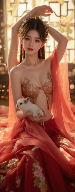 Best quality, masterpiece, ultra high res, (photorealistic:1.5), raw photo, (Masterpiece, Top Quality, Best Quality, Official Art, Beauty and Aesthetics: 1.2), A graceful young woman wearing a traditional Chinese *dudou*, richly embroidered in red and gold with delicate floral patterns, sits gracefully at the center of the frame. She gazes directly into the camera with a calm, almost divine expression, raising hands overhead. The *dudou*'s shimmering fabric accentuates her elegance, while translucent silk ribbons float weightlessly around her, adding a touch of softness and grace. The shot captures her from head to thigh, framed by the soft glow of a full moon behind her. Golden tendrils of light dance around her, amplifying the sense of her celestial, goddess-like aura. The floating silk and the peaceful rabbit she holds give the scene a mystical, ethereal feel.