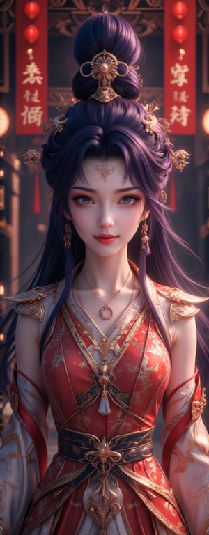 Best quality, masterpiece, ultra high res, (photorealistic:1.5), raw photo, (Masterpiece, Top Quality, Best Quality, Official Art, Beauty and Aesthetics: 1.2), 1girl, long black hair, Medusa wears a sleeveless, In a vibrant, ultra-realistic depiction, Diao Chan stands confidently in her Three Kingdoms dress-up attire, her bright smile radiating joy as she gazes directly at the viewer. Her striking features are set against a warm, HDR-lit backdrop, emphasizing her porcelain-like complexion and luscious locks. Framed from head to toe, her elegant figure is showcased in stunning detail, inviting the viewer to step into the captivating scene.,Eroflo,meidusha, KOLNB,forehead mark, high contrast, (grayscale:-1.5),云韵Flux-起风了,purple hair