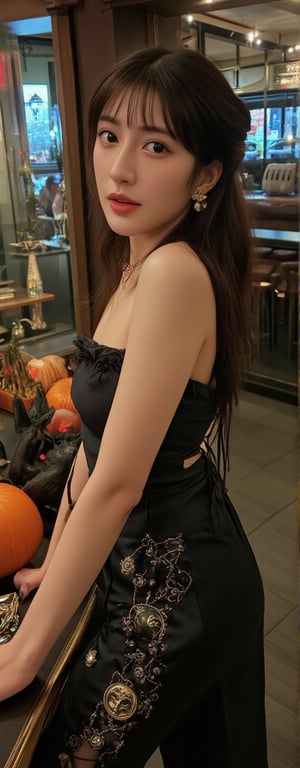 This high angle shot captures the confident pose of an Asian model. A fantasy scene unfolds. A masterpiece of a photograph showcases a stunning 24-year-old Asian woman. Her medium brown hair falls in loose waves down her back as she stands confidently by a modern café, wearing a satin camisole tucked into wide-legged high-waisted pants adorned with intricate Halloween-themed accessories. The delicate lighting casts subtle shadows on her heart-shaped face, emphasizing her double eyelids and glowing complexion. Her hands cradle an enigmatic candle as she strikes a pose, surrounded by the mystical ambiance of pumpkins, tombstones, and ravens. A minimalist gold jewelry set complements her elegant strappy heels, while her light makeup enhances her natural beauty. The sharply focused image radiates the effortless allure of modern Korean street fashion, as if plucked straight from a K-pop music video.