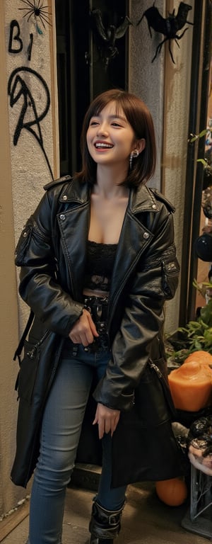 This high angle shot captures the confident pose of an Asian model. A fantasy scene unfolds. (masterpiece, best quality, highly detailed) A 24-year-old Asian woman with sleek medium brown hair in a bob, wearing a cropped leather jacket, lace bralette, and high-waisted jeans. Her street style is daring with chunky boots, silver hoop earrings, and sharp makeup with bold eyeliner. She's standing near a graffiti-covered wall, laughing as she poses, her energy blending perfectly with the urban Halloween party atmosphere. Her outfit, with slight modifications, evokes a witchy vibe, complemented by bat, spider, and pumpkin candle decorations. The scene is full of fine details, with cinematic lighting, ultra-detailed textures, and subtle shadows emphasizing her heart-shaped face and fashionable look. [k-pop], hubg_beauty_girl, surrealism detail, extremely detailed.