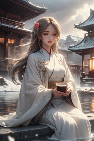 1girl, long hair, blush, smile, brown hair, hair ornament, 1boy, closed eyes, flower, white hair, hetero, outdoors, hair flower, grin, blurry, cup, facial hair, beard, snow, realistic, mustache, architecture, old, east asian architecture, old man, foam,

The image captures a moment of shared warmth and joy between an elderly man and a young woman. The man, with his snow-dusted beard and hair, is wrapped in a white towel that matches the woman's attire. The woman, adorned with a flower in her hair, is smiling brightly, her eyes sparkling with delight. They are seated in a hot spring, their bodies partially submerged in the water. The backdrop is a serene snowy landscape, with buildings faintly visible through the mist. The overall atmosphere is one of contentment and tranquility, as if time has paused for this intimate moment.
(RAW Photo, Best Quality), (Real, Photo Real: 1.1), Best Quality, Masterpiece, Beauty and Aesthetics, 16K, (HDR: 1.2), High Contrast, (Vivid Colors: 1.3) , (soft colors, dull colors, soothing tones: 1.2), cinematic lighting, ambient light, side lighting, fine details and textures, cinematic lenses, warm colors, (bright and intense: 1.1), wide angle lenses, surreal illustrations, Siena's natural proportions, dynamic posture, precise anatomy of body and hands, four fingers and a thumb,belldandy, wearing edgWrap,realism