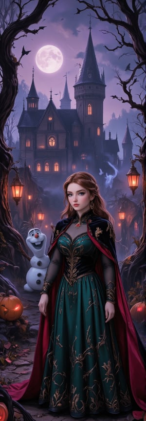 Princess Anna from Frozen, dressed in her classic attire, now transformed with a vampire Halloween theme. Her green skirt is now deep crimson, patterned with dark thorny vines and subtle bat motifs. She wears a black velvet cloak with deep red lining, decorated with golden embroidery resembling gothic candelabras and vampire symbols. Her brooch is shaped like a vampire fang, glowing softly with a red hue. The scene is set on a foggy Halloween night during a vampire ball at the castle, bathed in crimson and purple lights. Anna stands near a forest of twisted, gnarled trees lined with flickering crimson lanterns, as black bats fly overhead. Olaf is dressed as a vampire jack-o’-lantern, his carved face illuminated from within, with sharp fangs and a red velvet cape. Small vampire pumpkin spirits with mischievous glowing red eyes float around the castle. The full moon enhances the eerie and gothic atmosphere, casting long shadows on the scene. Enhanced all, Fantasy detailers,Spooky  Art Drawing