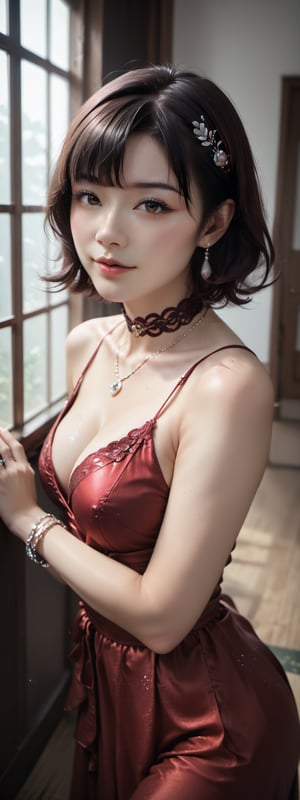 Best quality, masterpiece, ultra high res, (photorealistic:1.5), raw photo, sexy look, short hair, Beautiful eyes ,Japan Hime_cut style,(masterpiece, best quality), score_9, score_8_up, score_7_up, masterpiece, best quality, absurdres, very aesthetic. A stunning Asian woman, Western Region Dancer, donning a flowing red dress, dominates the frame from a high-angle perspective. Her face, veiled by a delicate mouth veil, glimmers with subtle sparkle. Brown eyes, framed by thick lashes, seem to lock onto the viewer's gaze. A choker, necklace, and bracelet adorn her upper body, while a ring sparkles on her left hand. The camera captures her serene expression, as if lost in thought, against a softly focused blurred background.,Expressiveh,concept art,XUER martial arts style