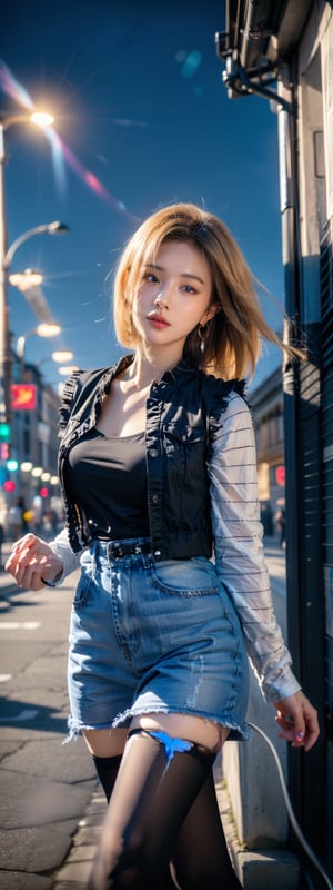 (best quality), (masterpiece),ultra-detailed, 1girl solo,and18, 1girl, android 18, solo, blonde hair, blue eyes, short hair, earrings, jewelry, denim vest, open vest, black pantyhose, black shirt, denim skirt, striped long sleeves, blue skirt, large breasts emphasis lines,motion lines,(swirling:1.2) , kamehameha, charging,energy ball, electricity, aura, dynbamic, kamehameha, Android_18_DB, casual wear, charging, casual wear, look at viewer, energy ball, ,LINEART,and18,moyou