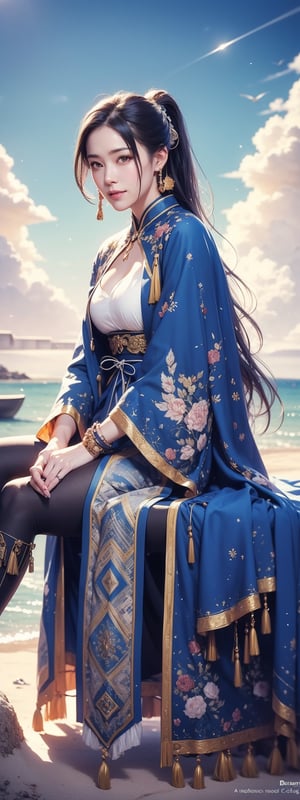 1girl, solo, long hair, looking at viewer, smile, black hair, hair ornament, thighhighs, dress, holding, jewelry, sitting, ponytail, weapon, earrings, outdoors, sky, day, sword, cloud, water, holding weapon, armor, blue sky, beach

The image features a digitally rendered character resembling an East Asian warrior, seated on a beach. The character has long dark hair, a poised expression, and is adorned with traditional armor that includes gold and blue hues with intricate designs. The armor is complemented by a blue robe that drapes elegantly around the figure. In one hand, the character holds a staff, suggesting a status of nobility or combat readiness. The background depicts a bustling beach scene with people in casual attire, indicating a contemporary setting. The presence of a temple-like structure hints at cultural significance.
 (1girl :1.4), (RAW Photo, Best Quality), (Real, Photo Real: 1.1), Best Quality, Masterpiece, Beauty and Aesthetics, 16K, (HDR: 1.2), High Contrast, (Vivid Colors: 1.3) , (soft colors, dull colors, soothing tones: 1.2), cinematic lighting, ambient light, side lighting, fine details and textures, cinematic lenses, warm colors, (bright and intense: 1.1), wide angle lenses, surreal illustrations, Siena's natural proportions, silver hair, dynamic posture, precise anatomy of body and hands, four fingers and a thumb