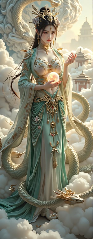 Best quality, masterpiece, ultra high res, (photorealistic:1.5), raw photo, (Masterpiece, Top Quality, Best Quality, Official Art, Beauty and Aesthetics: 1.2), A majestic depiction of Nüwa, the ancient Chinese goddess with a human head and a snake's body. Her upper body features elegant, flowing robes adorned with intricate golden embroidery, and ((her snake tail begins gracefully from her waist:1.5)), shimmering with iridescent scales in shades of emerald and sapphire. She is surrounded by a celestial landscape of swirling clouds, glowing with a soft golden light, holding a glowing orb that symbolizes life and creation. In the background, ancient temples rise above a misty horizon, symbolizing her divine connection to the heavens,forehead mark, high contrast, (grayscale:-1.5)