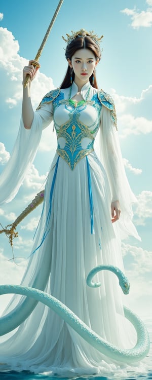 A majestic digital painting of Nüwa, the Chinese goddess with a humanoid upper body and serpentine lower half. She wears a flowing white robe adorned with intricate blue patterns on her chest plate and belt, accentuating her hourglass figure. The armor is designed with traditional Chinese motifs, emphasizing her mythological persona. With one hand grasping a mystical sword and the other raised, she appears to harness divine energy. Her expression is stern, yet her gaze intensely focuses on the viewer. Her skin glows with a subtle warm undertone, while her dark brown hair and radiant green eyes add an aura of divinity. The snake tail, 1.5 meters long, begins at her waist, featuring shimmering scales in shades of green and blue, creating a mesmerizing rainbow effect. As the composition unfolds, the entire lower half transforms into a serpentine shape, transitioning from white to pale blue, emphasizing the scaly texture and adding a sensual quality. In the background, bright clouds and airy patterns emphasize her divine nature, making her stand out in dramatic fashion. Enhanced all, resin,PTAIAsianbeauty