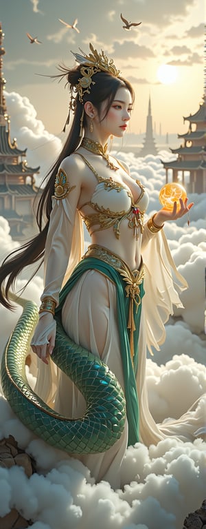 Best quality, masterpiece, ultra high res, (photorealistic:1.5), raw photo, (Masterpiece, Top Quality, Best Quality, Official Art, Beauty and Aesthetics: 1.2), A majestic depiction of Nüwa, the ancient Chinese goddess with a human head and a snake's body. Her upper body features elegant, flowing robes adorned with intricate golden embroidery, and (her snake tail begins gracefully from her waist:1.5), shimmering with iridescent scales in shades of emerald and sapphire. She is surrounded by a celestial landscape of swirling clouds, glowing with a soft golden light, holding a glowing orb that symbolizes life and creation. In the background, ancient temples rise above a misty horizon, symbolizing her divine connection to the heavens,forehead mark, high contrast, (grayscale:-1.5)