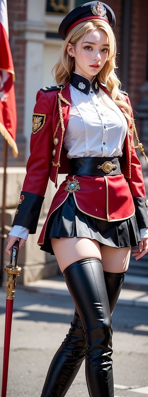 Against a rich, crimson backdrop, a stunning Korean university student stands majestically as the Guard of Honour. Her blonde hair is neatly tied back, and she wears thigh-high boots that accentuate her perfect long feet. The uniform shirt features a band design, while her skirt folds neatly under her mini folding skirt. In one hand, she holds an instrument, and in the other, a flag flows gently in the breeze. Under the soft glow of perfect light, her beauty shines radiantly. The guard's hat sits atop her head, and the sword at her side gleams with photorealistic precision, as if crafted by Octane render itself. Her photorealistic features are so lifelike that one might mistake her for a living, breathing idol.
