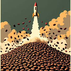 Soviet propaganda poster. A rocket bursting out of a massive pile of coffee beans, causing the beans to scatter into the air.