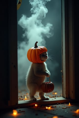 Professional film grain horror photography of a kitten standing outside of an open door. The kitten is wearing a carved pumpkin as a helmet, its small paws holding a candy bucket while trick-or-treating outside a spooky door. The kitten's costume is cute yet eerie, with the pumpkin head slightly oversized for its body. Wisps of smoke and a ghostly gas spirit rise from the ground behind the kitten, giving the scene a haunting, supernatural feel. The overall vibe is whimsical and spooky. Soft moonlight, misty atmosphere, glowing Halloween decorations, spooky yet adorable mood.
smoke and gas spirit rising up.  horror scary glowing